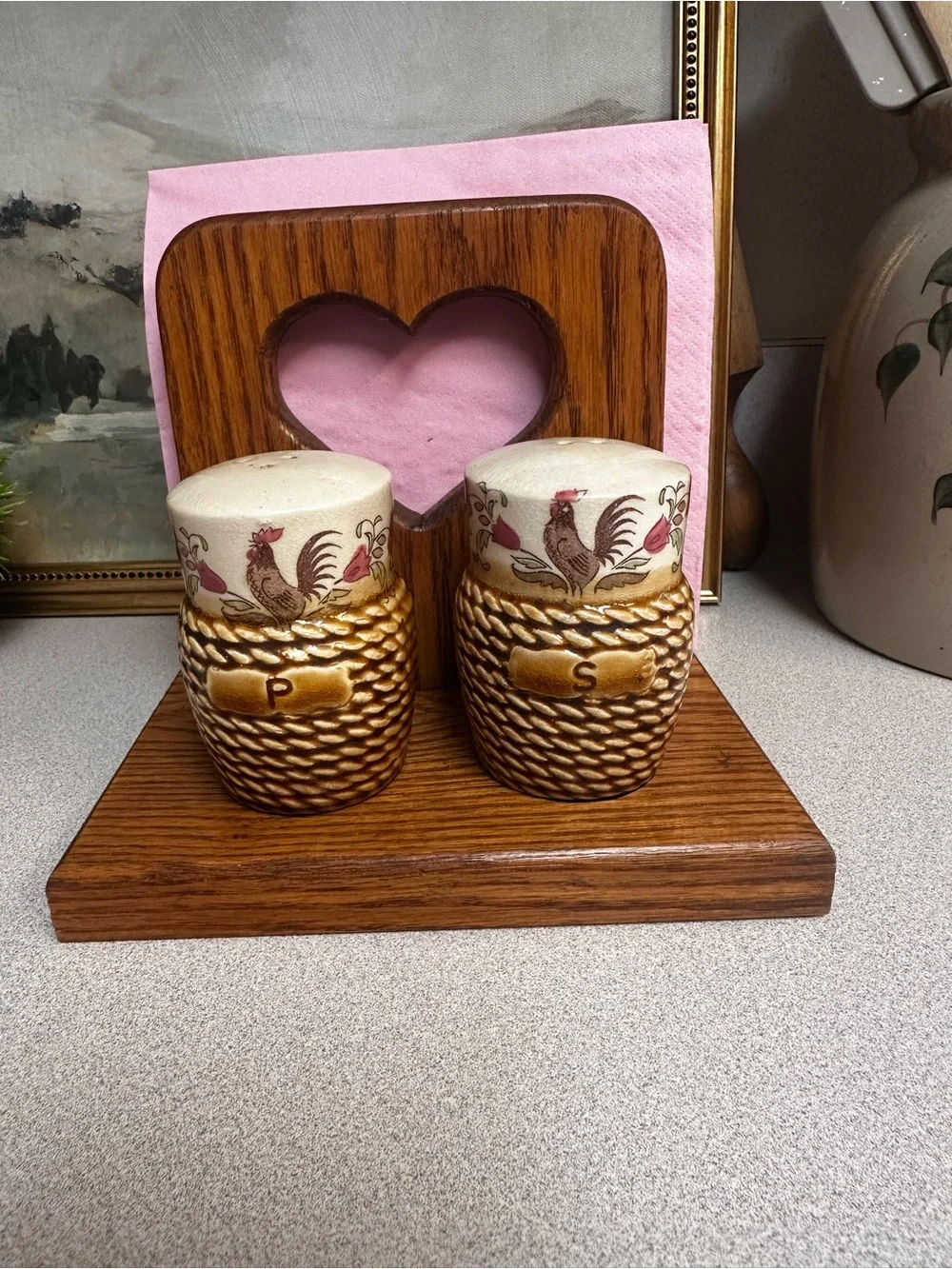Cottage Core Wooden Heart Napkin & Salt Pepper Holder - Warm Oak Finish